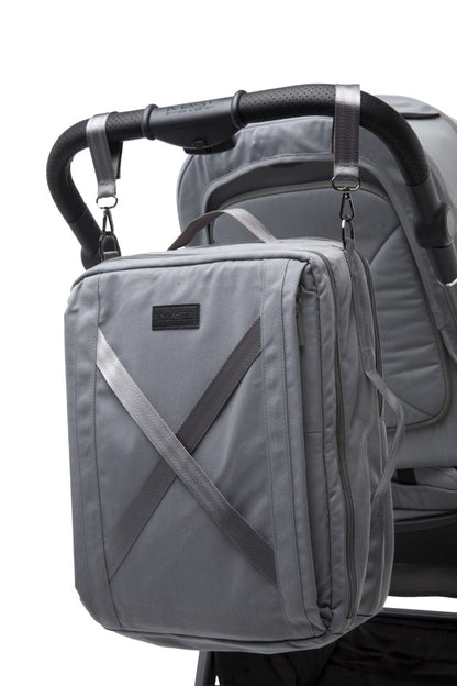 a grey bag on a stroller