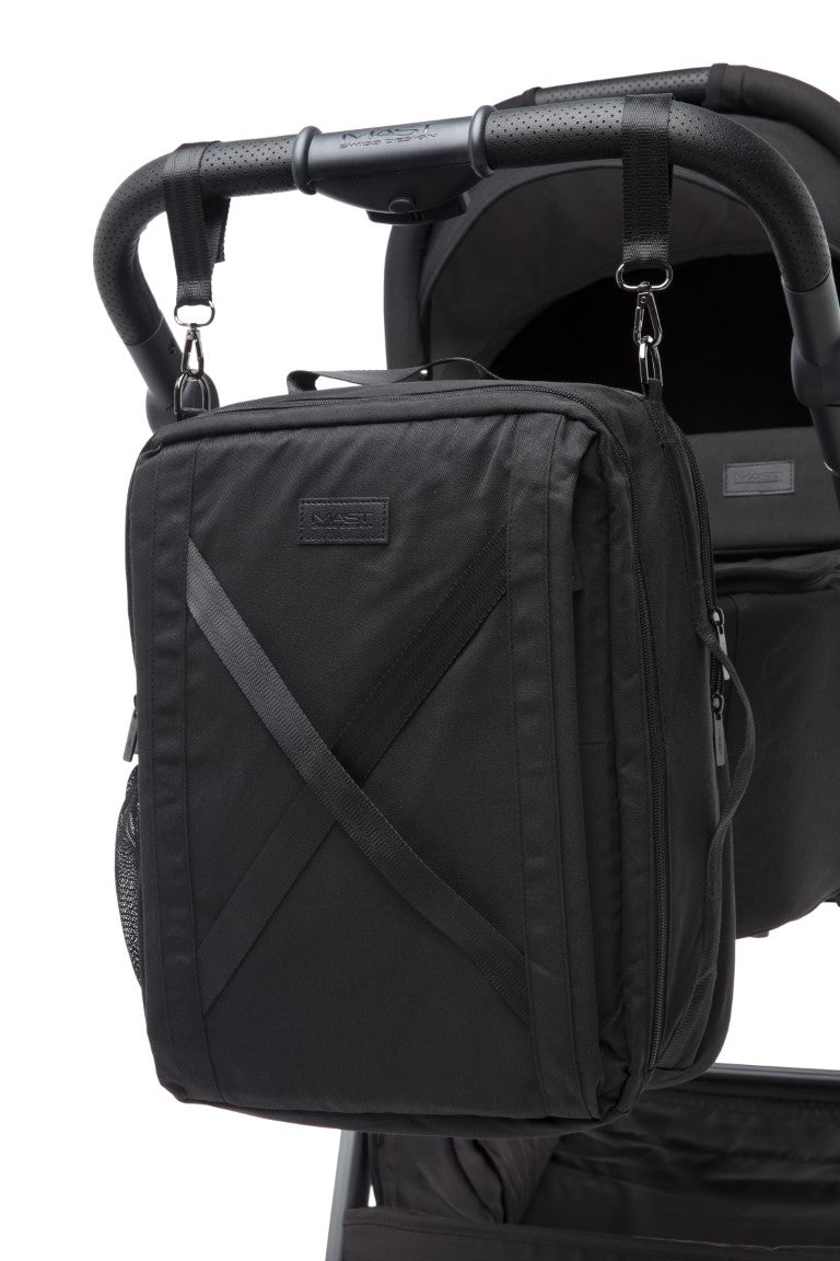 a black bag on a stroller