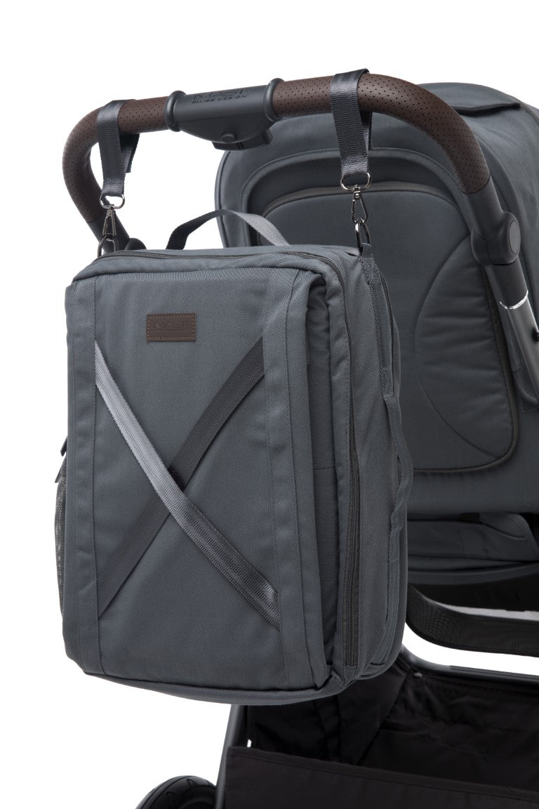 a grey bag on a stroller
