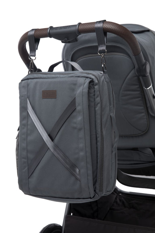 a grey bag on a stroller